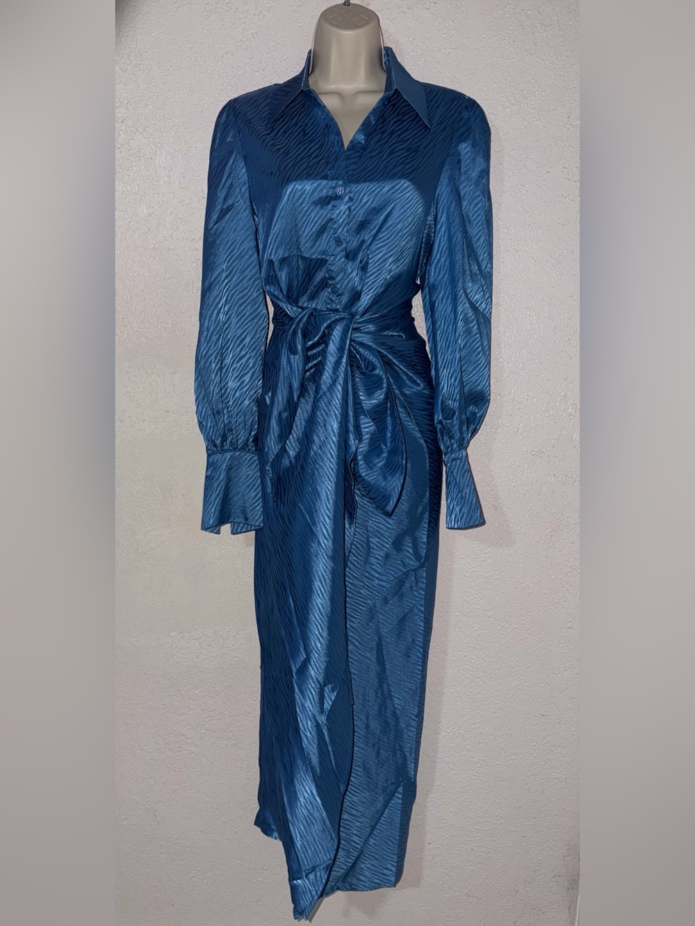Fashion Nova Blue Satin Midi Shirt Dress with Waist Tie